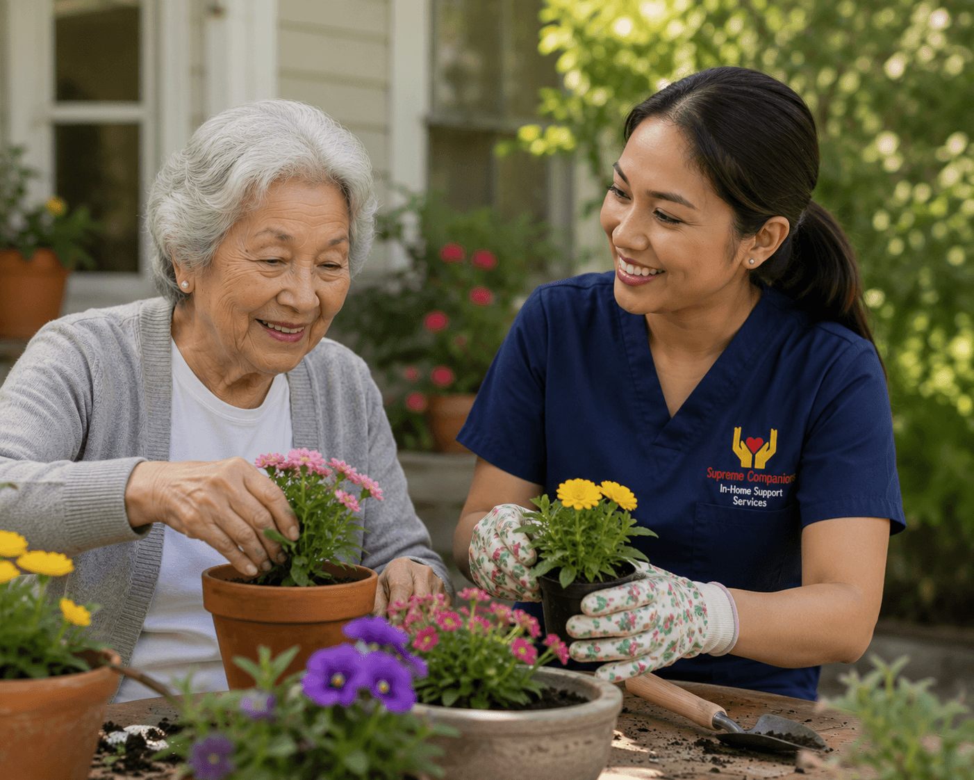 Compassionate caregiver helping a senior client enjoy gardening activities outdoors as part of personalized companion care services.