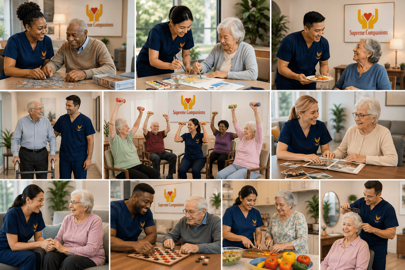 A collection of images showcasing elderly home residents with their caregivers participating in group activities and enjoying their time together.