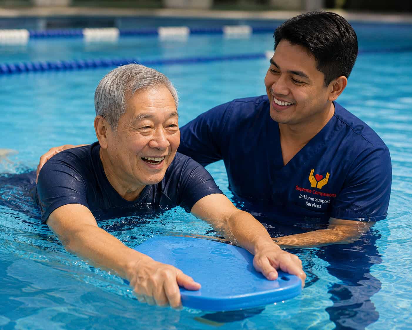 A Caregiver and an older man enjoying a swim together in a pool, smiling and engaging in conversation.