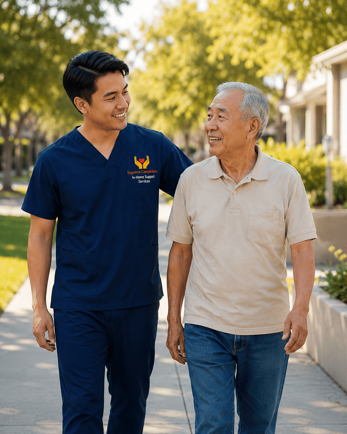 Professional caregiver providing companion care services while walking with a senior client in a residential neighborhood.