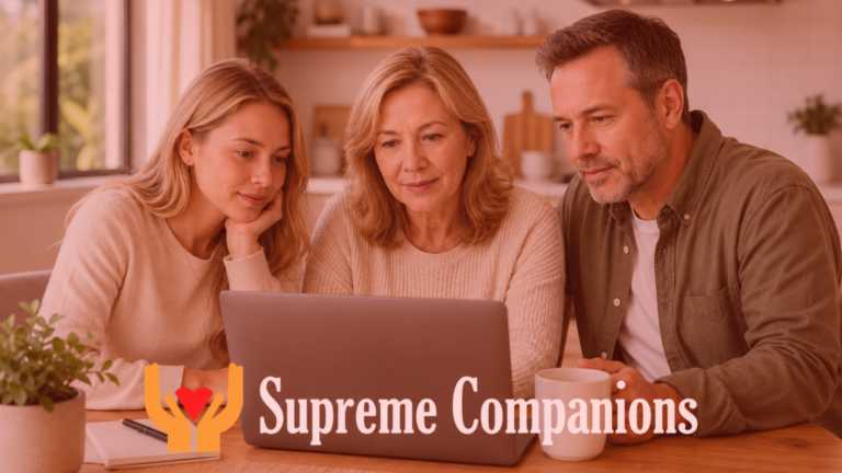 Family looking at computer looking for caregivers available with supreme companions logo