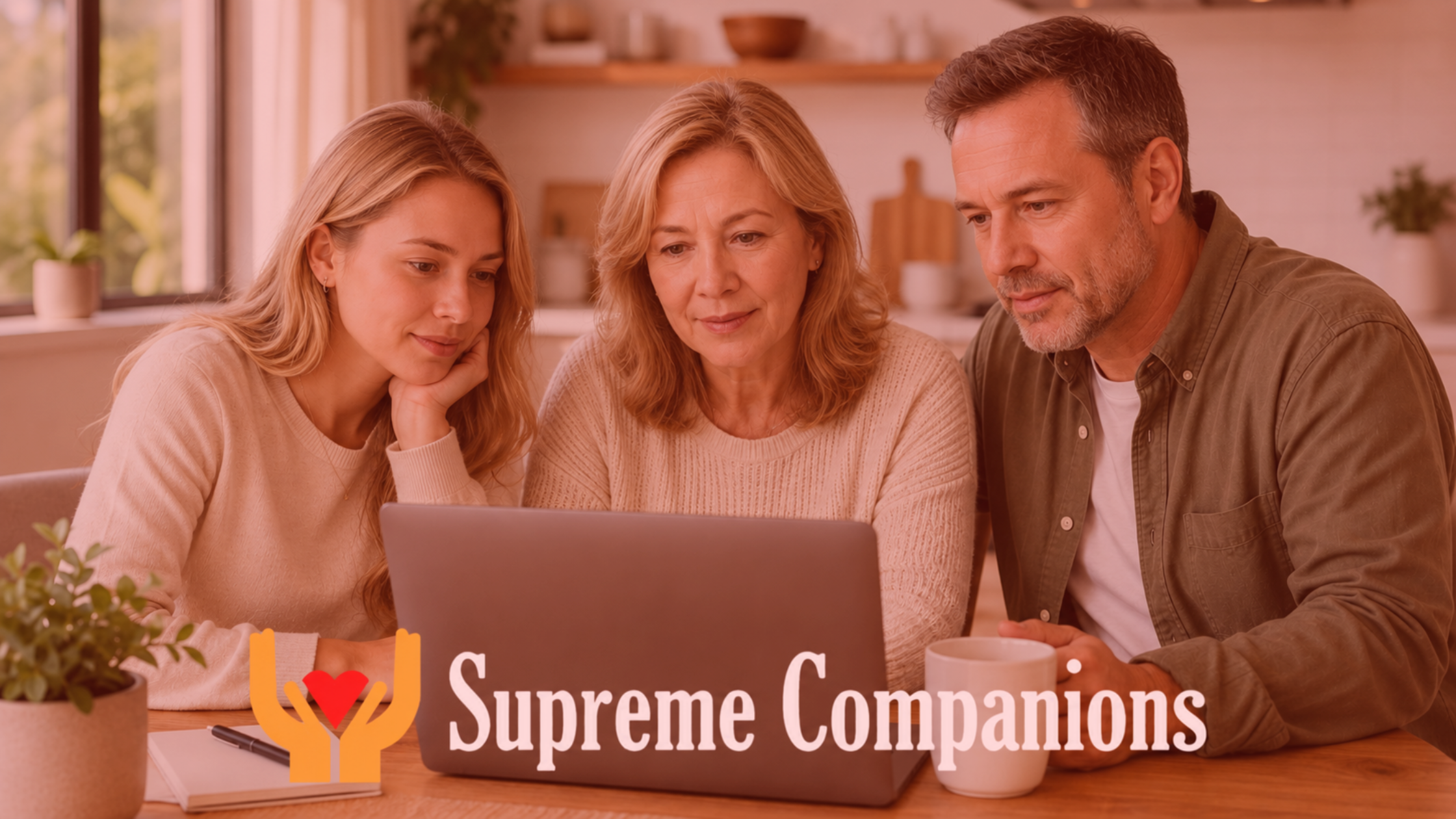 Family looking at computer looking for caregivers available with supreme companions logo