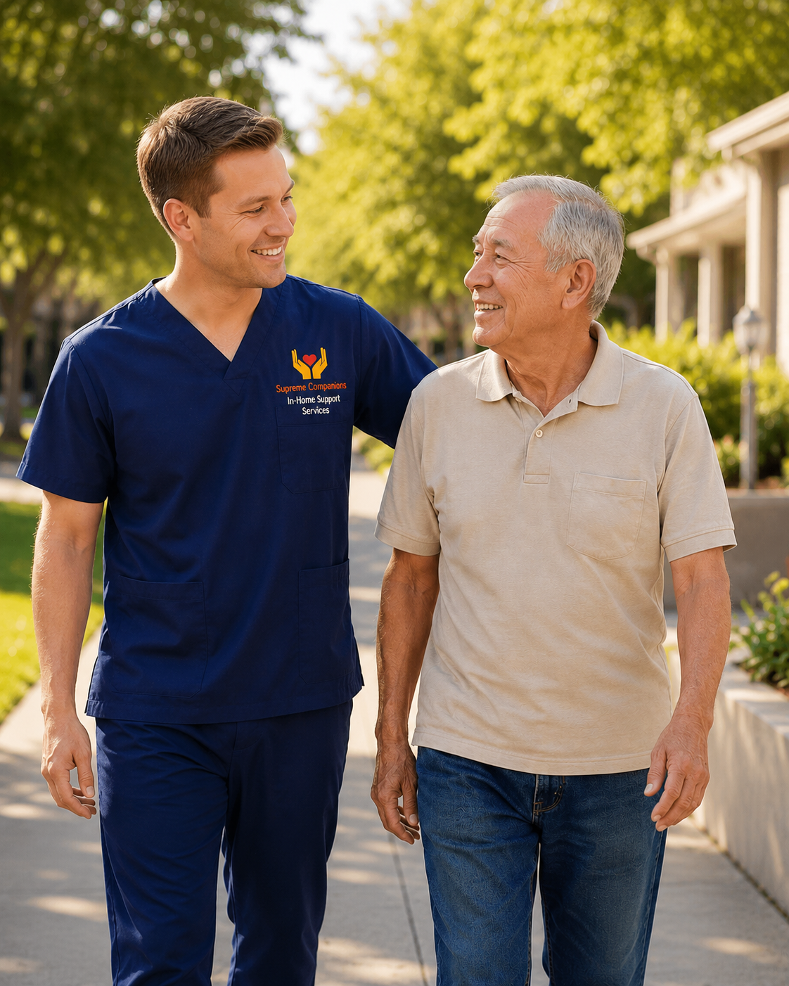 Professional caregiver providing companion care services while walking with a senior client in a residential neighborhood.