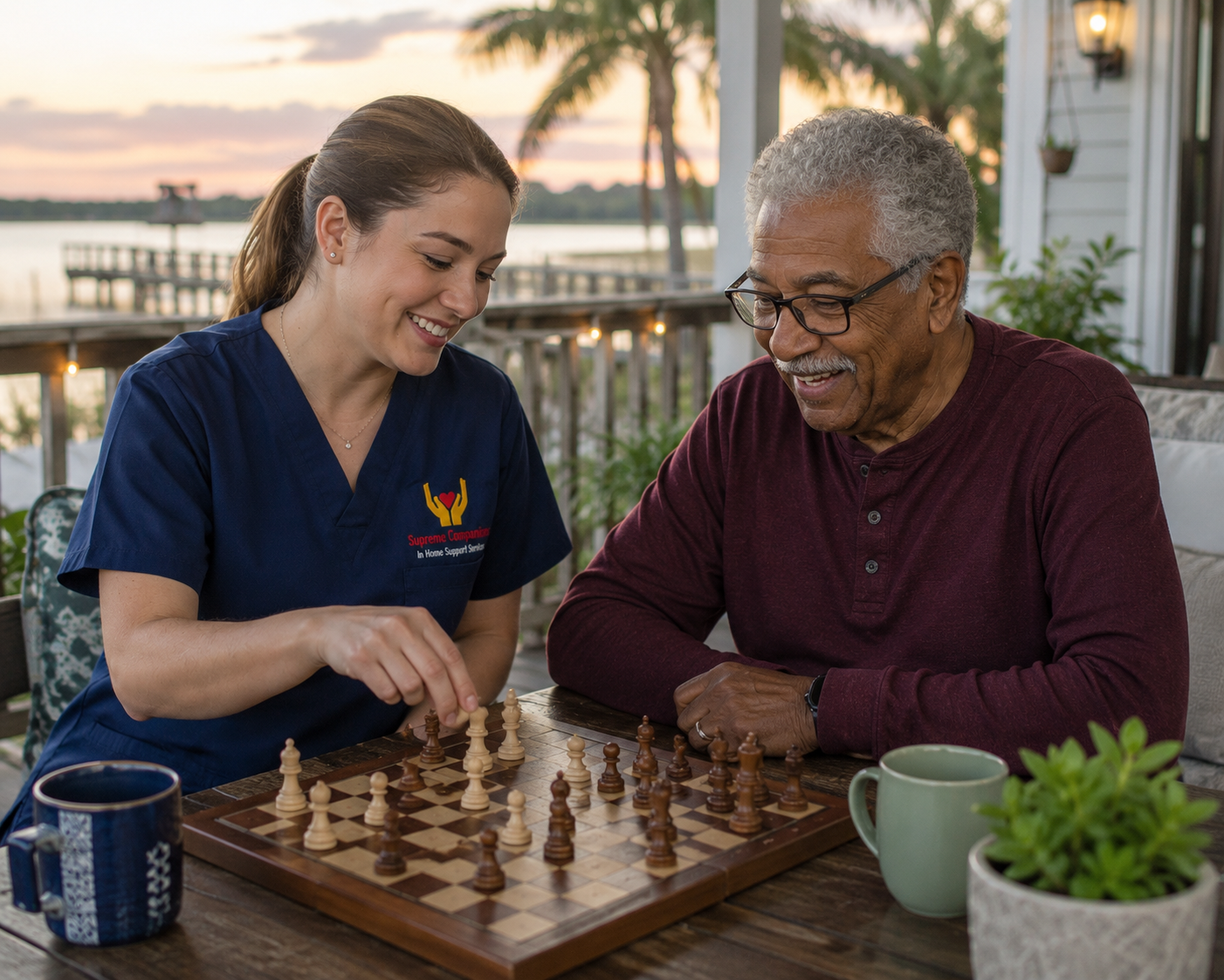 caregiver of supreme companions playing chess with a patient