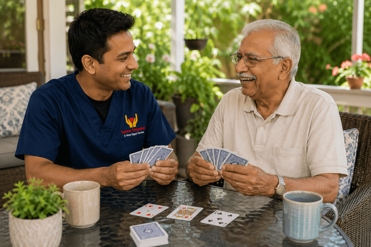 Caregiver and an elderly man playing cards at an outdoor table, surrounded by greenery and enjoying each other's company.