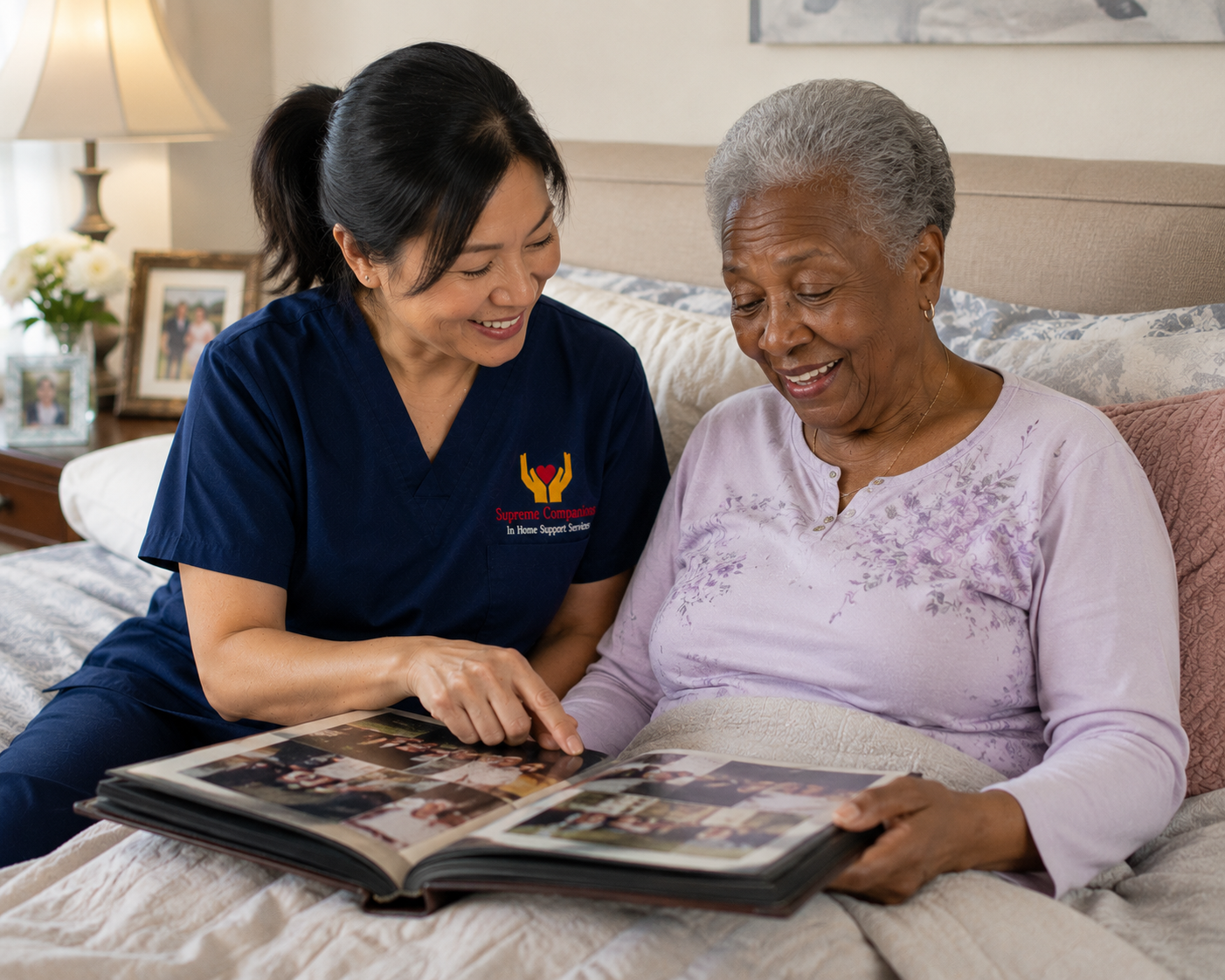 caregiver nurse reading with her elderly patient