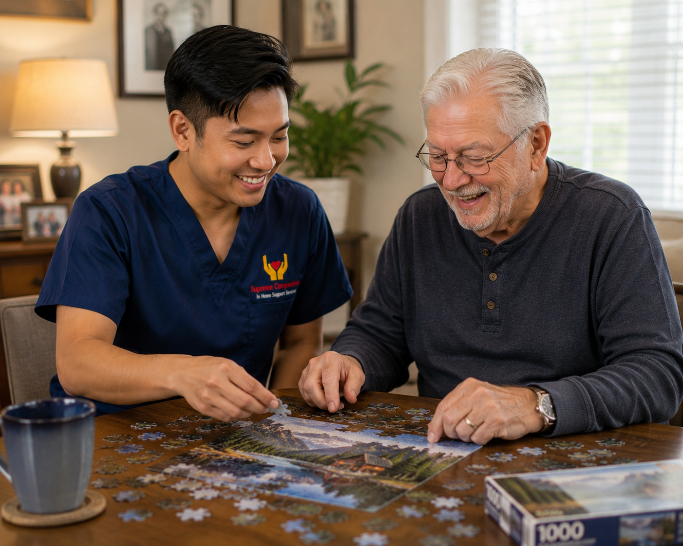 caregiver of supreme companions playing puzzle with his elder patient